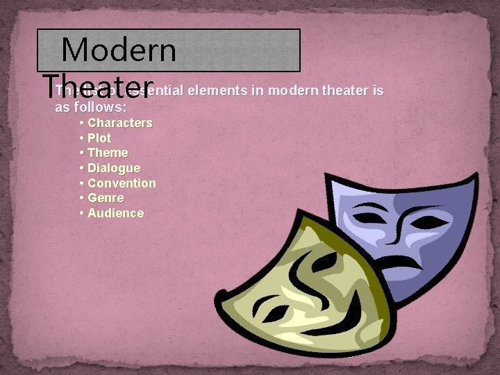 Modern The list of essential elements in modern theater is Theater as follows: •