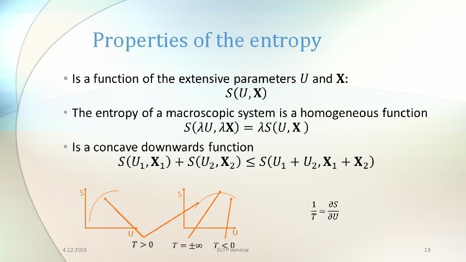 Properties of the entropy • S S U 4. 12. 2018 U BLTP seminar