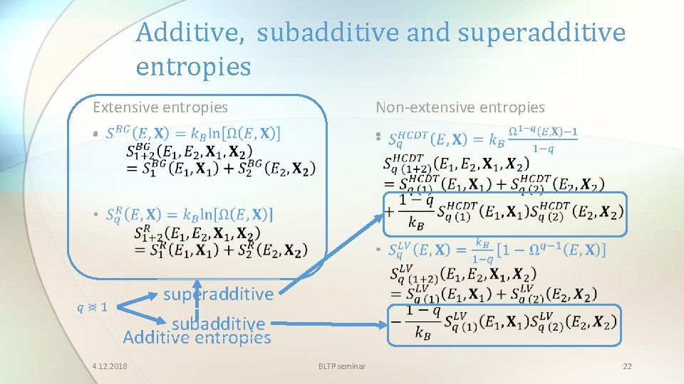 Additive, subadditive and superadditive entropies Extensive entropies Non-extensive entropies • • superadditive subadditive Additive