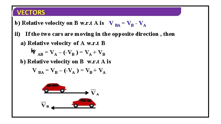 VECTORS b) Relative velocity on B w. r. t A is V BA =