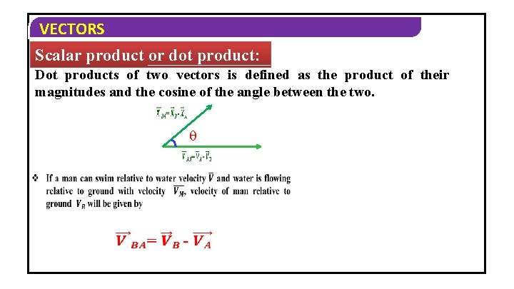 VECTORS Scalar product or dot product: Dot products of two vectors is defined as