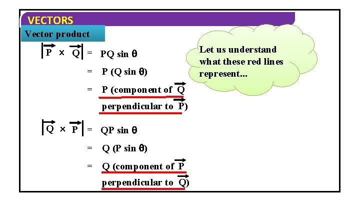 VECTORS Vector product P Q = PQ sin = P (Q sin ) =