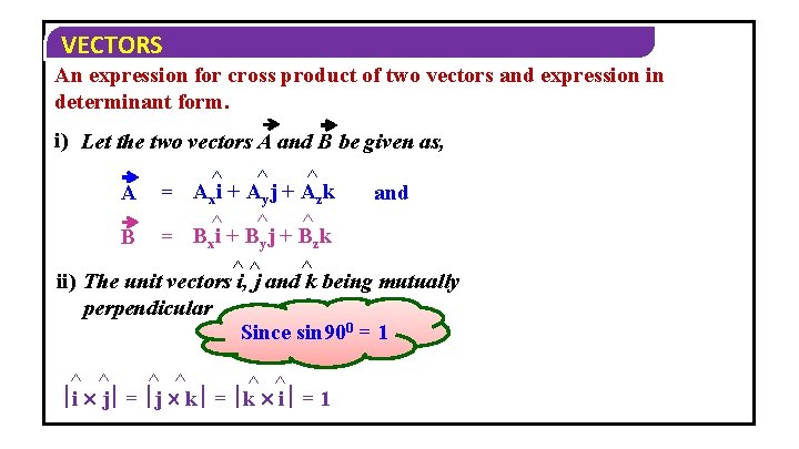 VECTORS An expression for cross product of two vectors and expression in determinant form.
