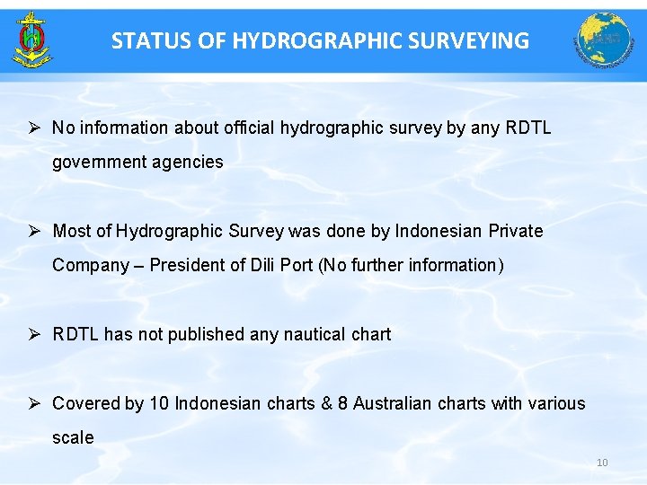 STATUS OF HYDROGRAPHIC SURVEYING Ø No information about official hydrographic survey by any RDTL