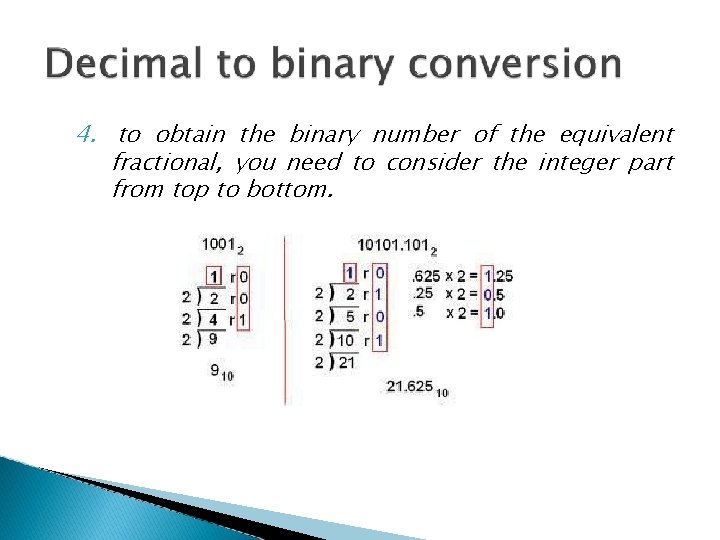 4. to obtain the binary number of the equivalent fractional, you need to consider