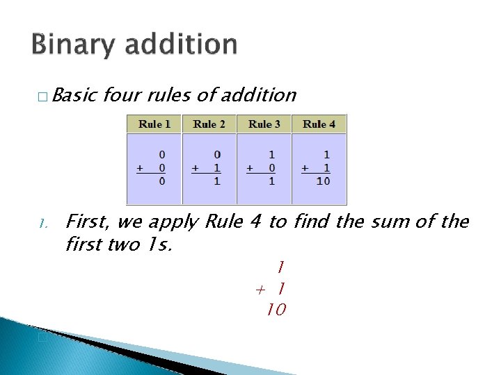 � Basic 1. four rules of addition First, we apply Rule 4 to find