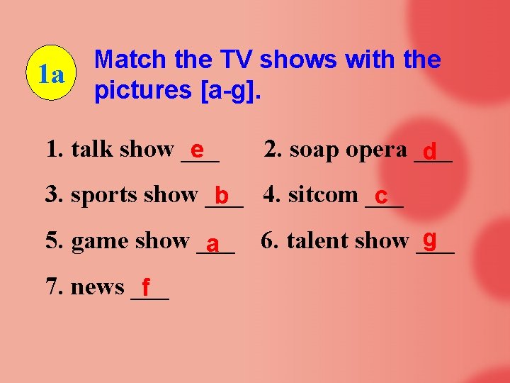 1 a Match the TV shows with the pictures [a-g]. 1. talk show ___