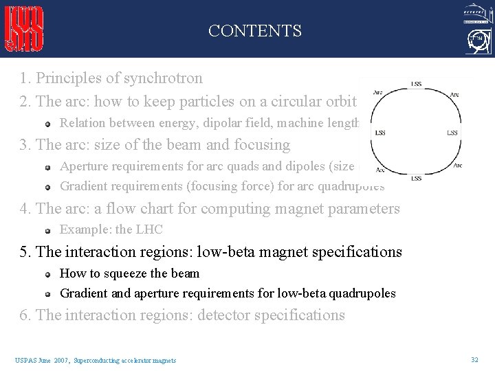 CONTENTS 1. Principles of synchrotron 2. The arc: how to keep particles on a