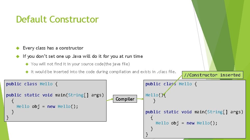 Default Constructor Every class has a constructor If you don’t set one up Java