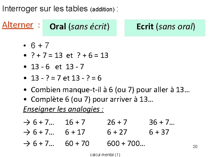 Interroger sur les tables (addition) : Alterner : Oral (sans écrit) Ecrit (sans oral)