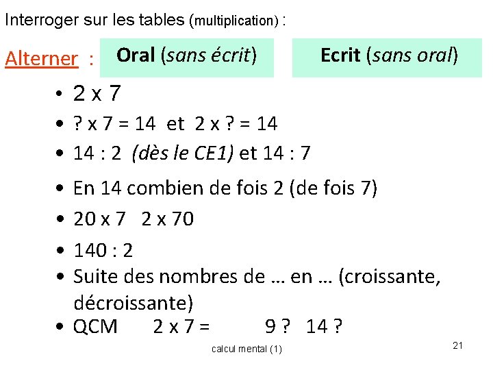 Interroger sur les tables (multiplication) : Alterner : Oral (sans écrit) Ecrit (sans oral)