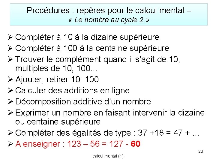 Procédures : repères pour le calcul mental – « Le nombre au cycle 2