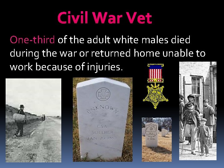 Civil War Vet One-third of the adult white males died during the war or