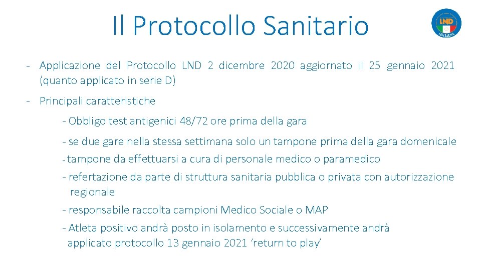Il Protocollo Sanitario - Applicazione del Protocollo LND 2 dicembre 2020 aggiornato il 25