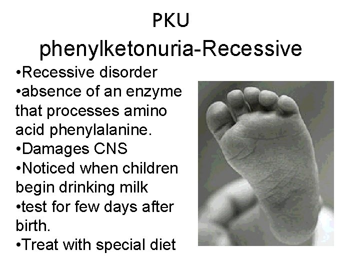 PKU phenylketonuria-Recessive • Recessive disorder • absence of an enzyme that processes amino acid