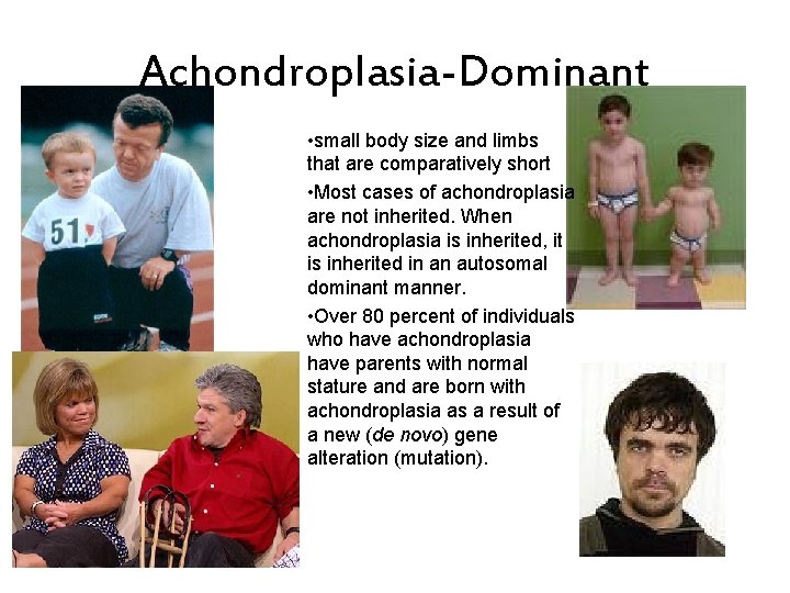 Achondroplasia-Dominant • small body size and limbs that are comparatively short • Most cases