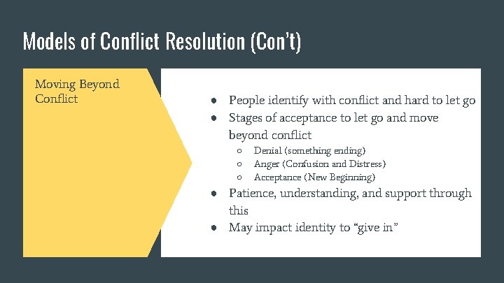 Models of Conflict Resolution (Con’t) Moving Beyond Conflict ● People identify with conflict and Models of Conflict Resolution (Con’t) Moving Beyond Conflict ● People identify with conflict and