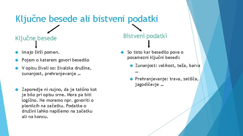 Ključne besede ali bistveni podatki Ključne besede Imajo širši pomen. Pojem o katerem govori