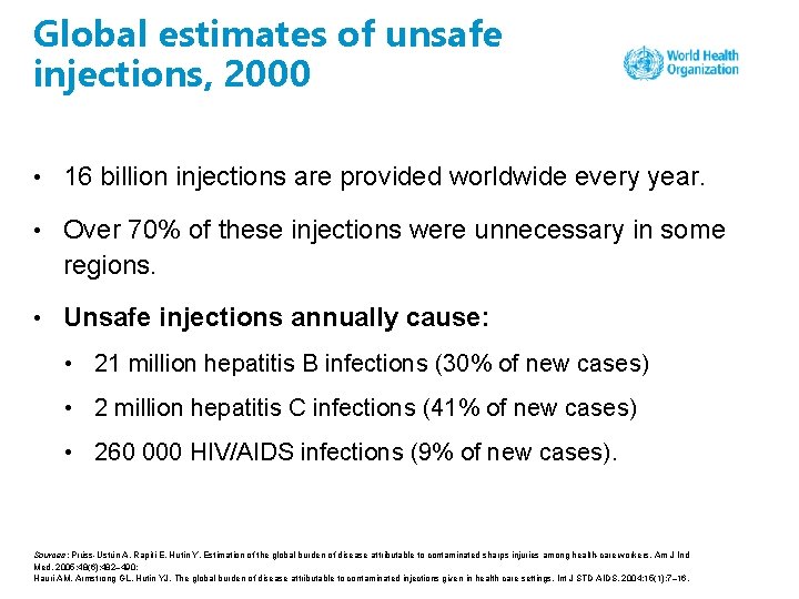 Global estimates of unsafe injections, 2000 • 16 billion injections are provided worldwide every