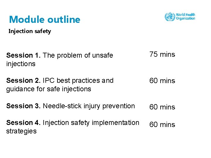 Module outline Injection safety Session 1. The problem of unsafe injections 75 mins Session