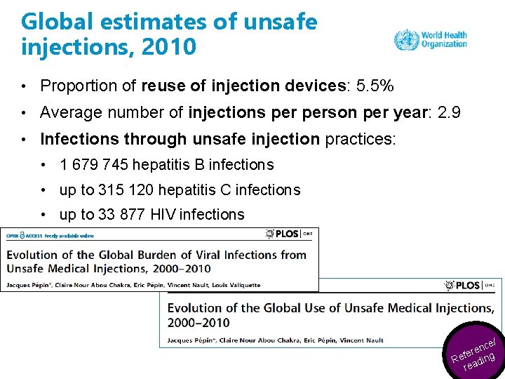 Global estimates of unsafe injections, 2010 • Proportion of reuse of injection devices: 5.