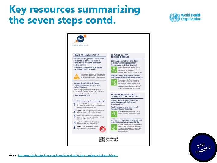 Key resources summarizing the seven steps contd. Source: http: //www. who. int/infection-prevention/tools/injections/IS_best-practices-guidelines. pdf? ua=1