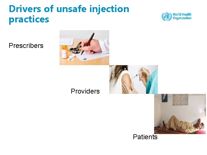 Drivers of unsafe injection practices Prescribers Providers Patients 