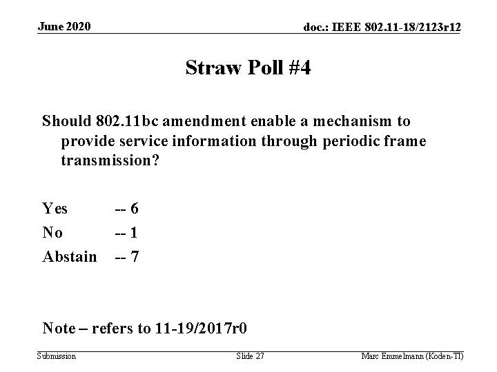 June 2020 doc. : IEEE 802. 11 -18/2123 r 12 Straw Poll #4 Should