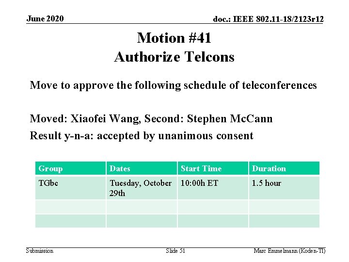 June 2020 doc. : IEEE 802. 11 -18/2123 r 12 Motion #41 Authorize Telcons