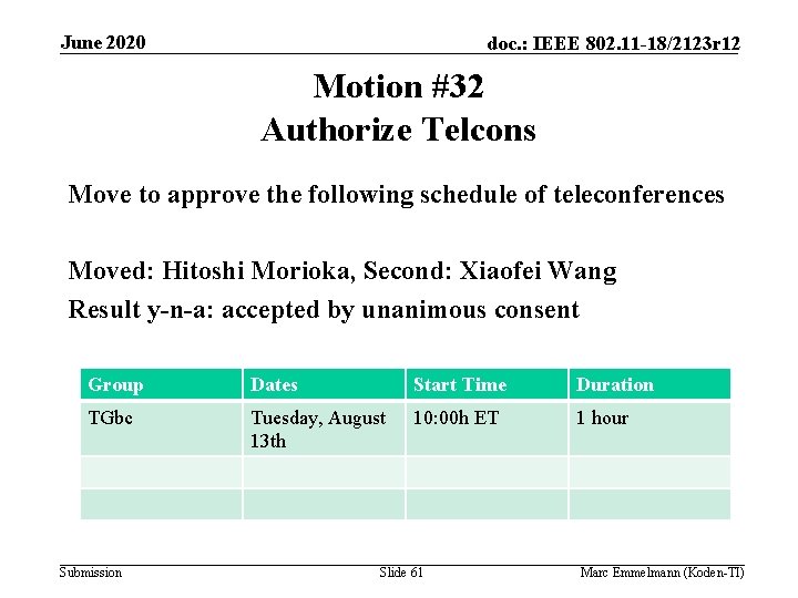 June 2020 doc. : IEEE 802. 11 -18/2123 r 12 Motion #32 Authorize Telcons June 2020 doc. : IEEE 802. 11 -18/2123 r 12 Motion #32 Authorize Telcons