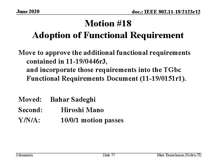 June 2020 doc. : IEEE 802. 11 -18/2123 r 12 Motion #18 Adoption of