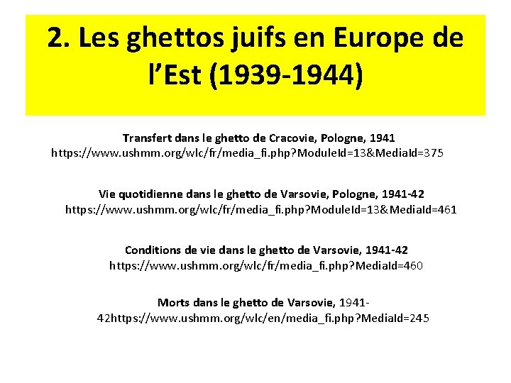 2. Les ghettos juifs en Europe de l’Est (1939 -1944) Transfert dans le ghetto