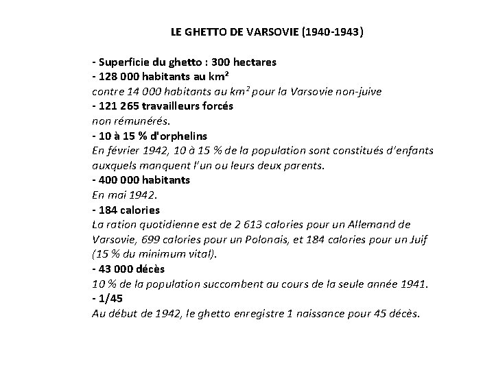 LE GHETTO DE VARSOVIE (1940 -1943) - Superficie du ghetto : 300 hectares -