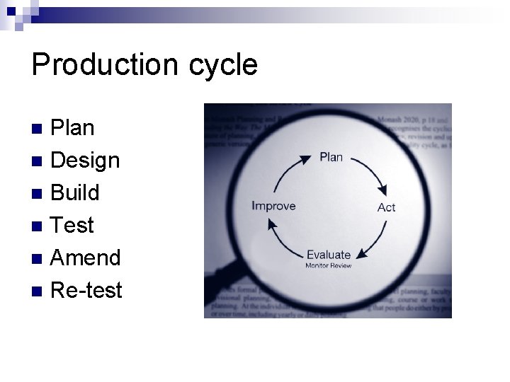 Production cycle Plan n Design n Build n Test n Amend n Re-test n