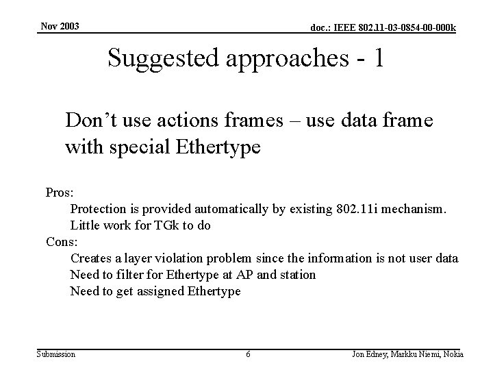 Nov 2003 doc. : IEEE 802. 11 -03 -0854 -00 -000 k Suggested approaches