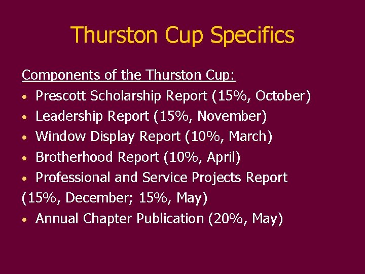 Thurston Cup Specifics Components of the Thurston Cup: • Prescott Scholarship Report (15%, October)