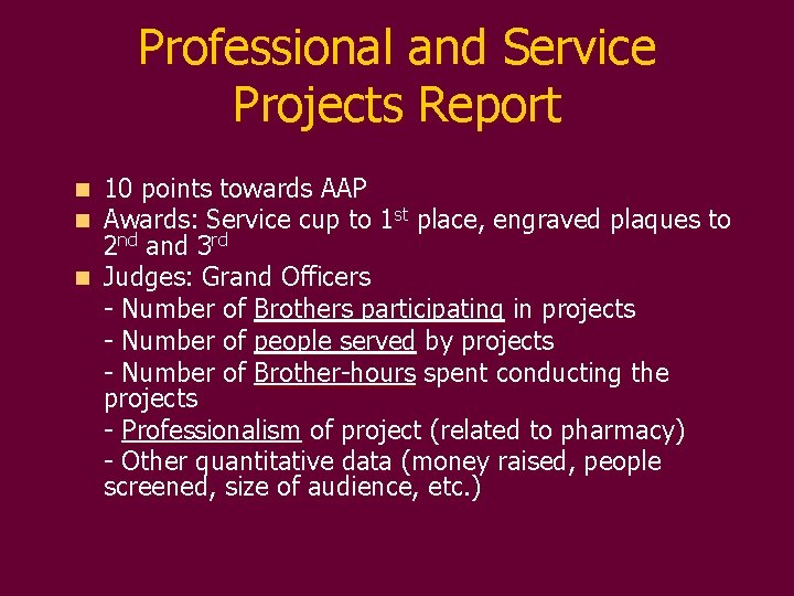 Professional and Service Projects Report 10 points towards AAP Awards: Service cup to 1