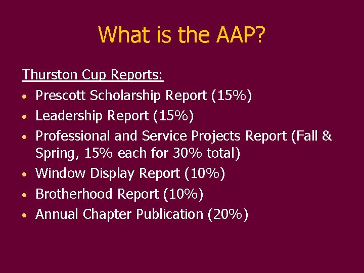 What is the AAP? Thurston Cup Reports: • Prescott Scholarship Report (15%) • Leadership