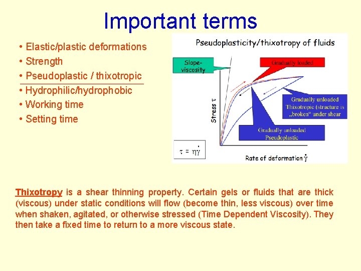 Important terms • Elastic/plastic deformations • Strength • Pseudoplastic / thixotropic • Hydrophilic/hydrophobic • Important terms • Elastic/plastic deformations • Strength • Pseudoplastic / thixotropic • Hydrophilic/hydrophobic •