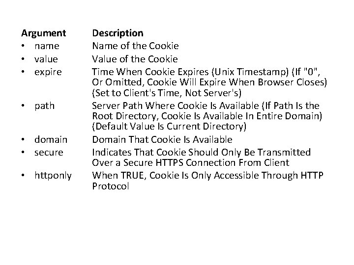 Argument • name • value • expire • path • domain • secure •