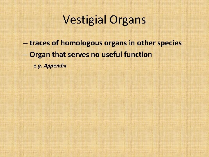 Vestigial Organs – traces of homologous organs in other species – Organ that serves
