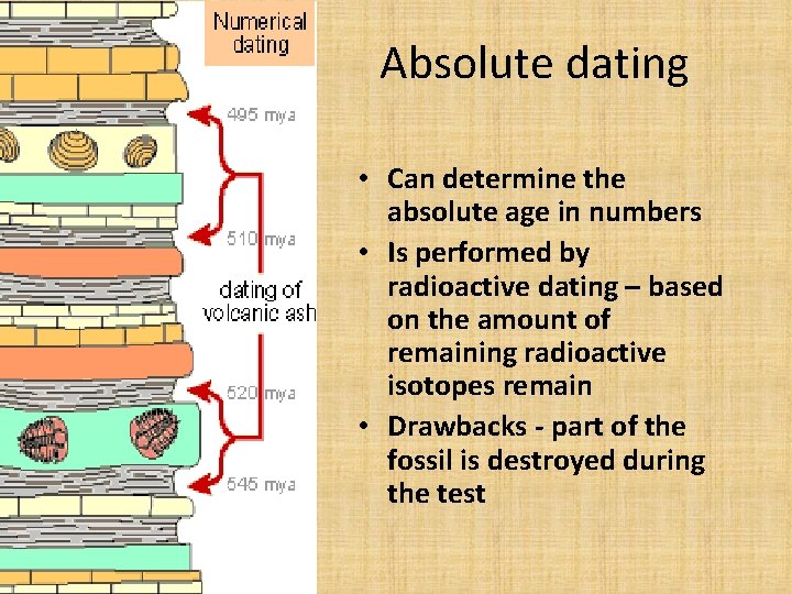 Absolute dating • Can determine the absolute age in numbers • Is performed by
