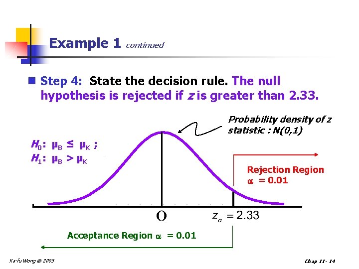 Example 1 continued n Step 4: State the decision rule. The null hypothesis is