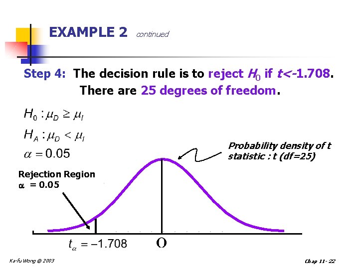 EXAMPLE 2 continued Step 4: The decision rule is to reject H 0 if