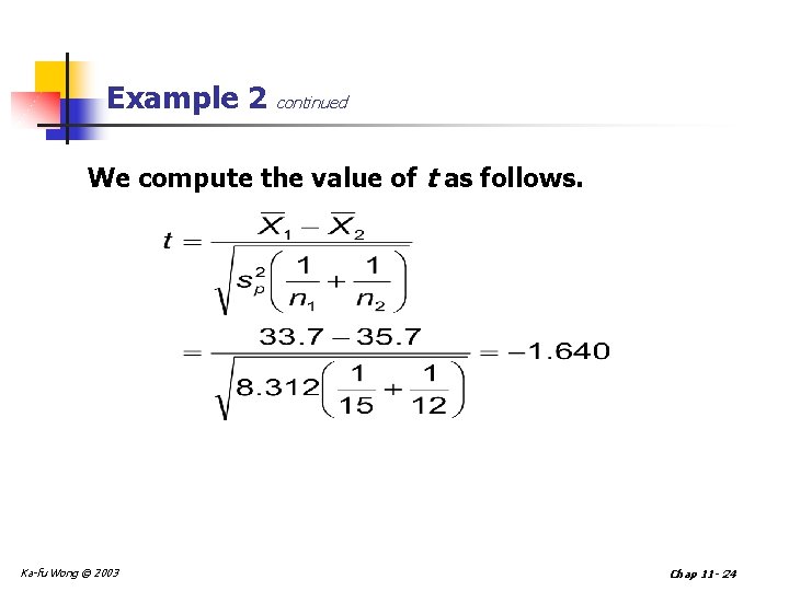 Example 2 continued We compute the value of t as follows. Ka-fu Wong ©