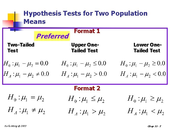 Hypothesis Tests for Two Population Means Preferred Two-Tailed Test Format 1 Upper One. Tailed