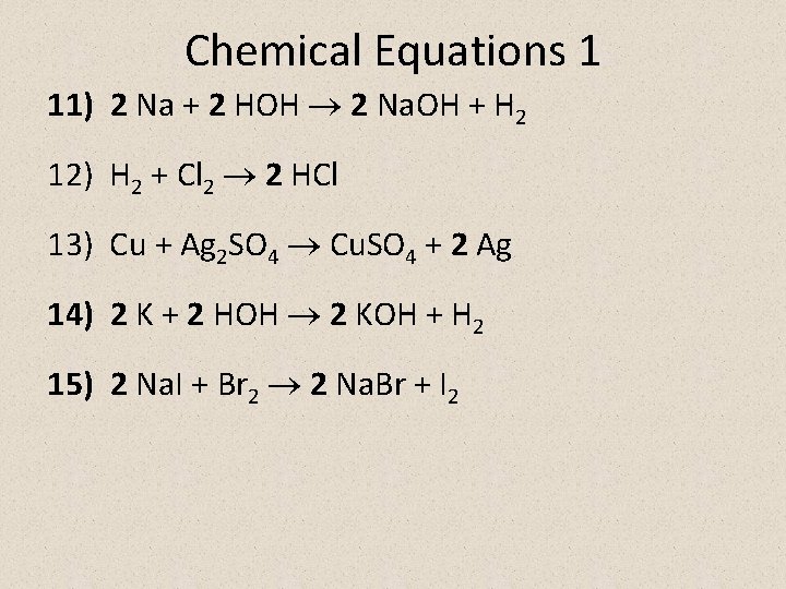 Chemical Equations 1 11) 2 Na + 2 HOH 2 Na. OH + H