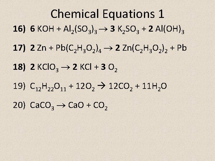 Chemical Equations 1 16) 6 KOH + Al 2(SO 3)3 3 K 2 SO