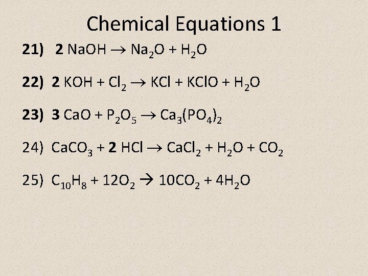 Chemical Equations 1 21) 2 Na. OH Na 2 O + H 2 O