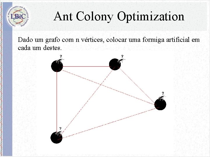 Ant Colony Optimization Dado um grafo com n vértices, colocar uma formiga artificial em